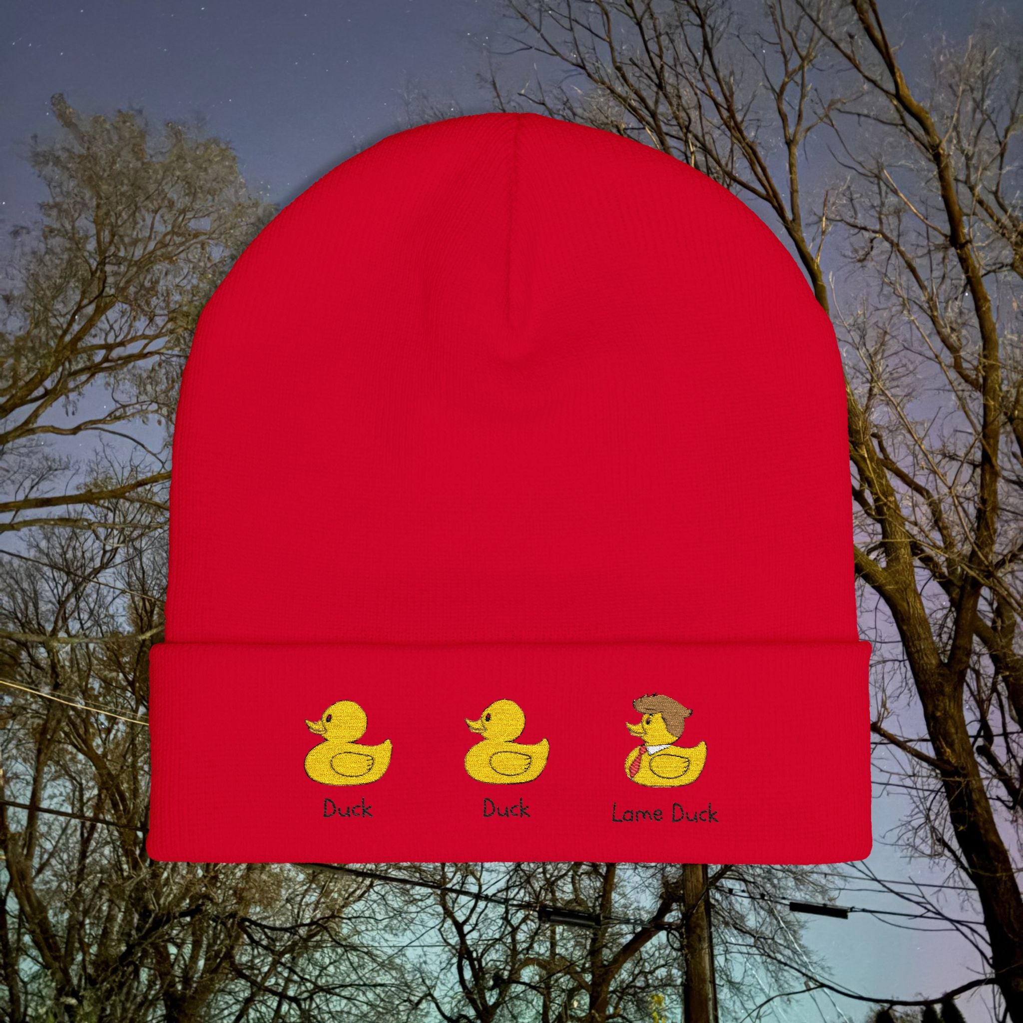 Embroidered Duck Duck Lame Duck Knit Beanie