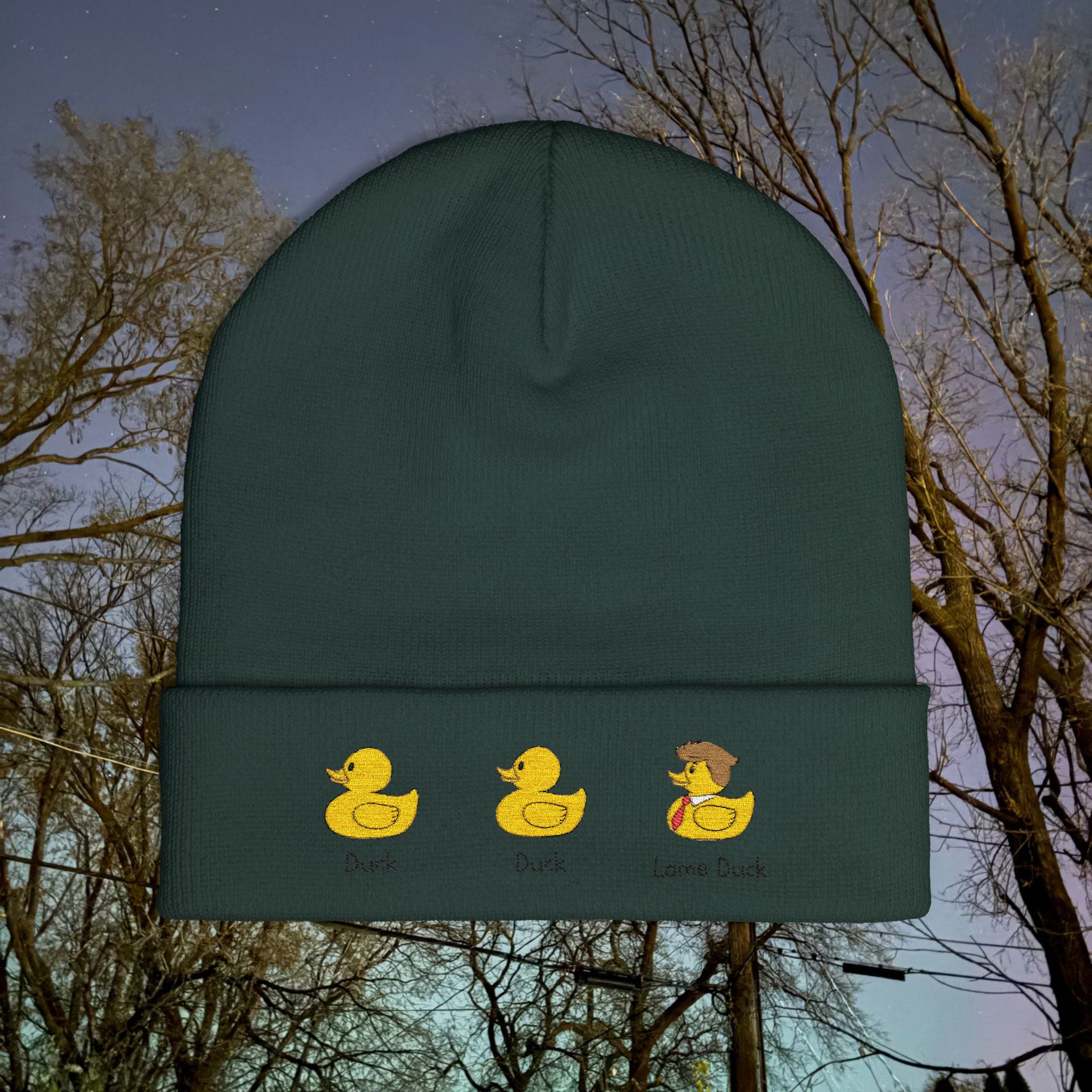 Embroidered Duck Duck Lame Duck Knit Beanie