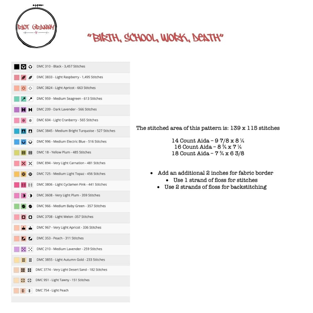 Birth, School, Work, Death - Cross Stitch Pattern