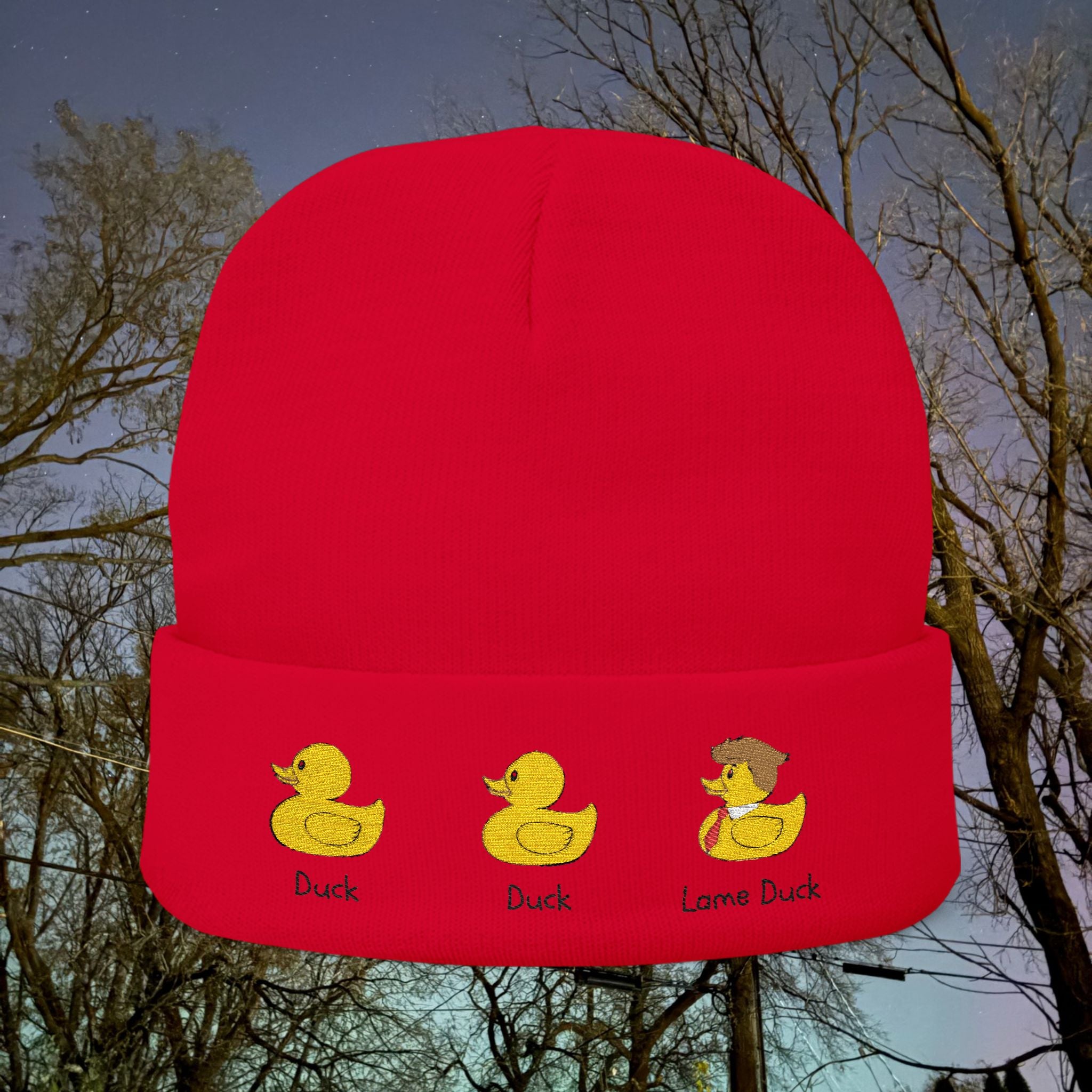 Embroidered Duck Duck Lame Duck Knit Beanie