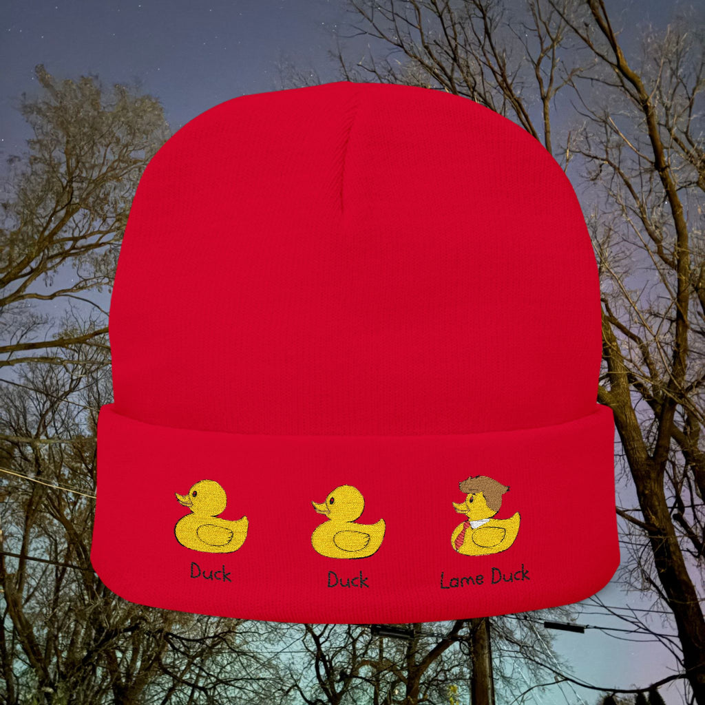 Embroidered Duck Duck Lame Duck Knit Beanie