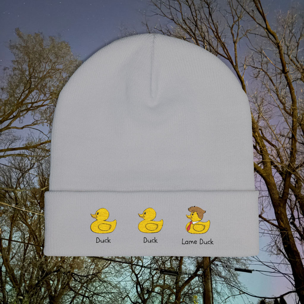 Embroidered Duck Duck Lame Duck Knit Beanie